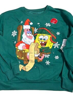 Nickelodeon SpongeBob & Patrick Holiday Light-Up Sweatshirt NEW Medium Green